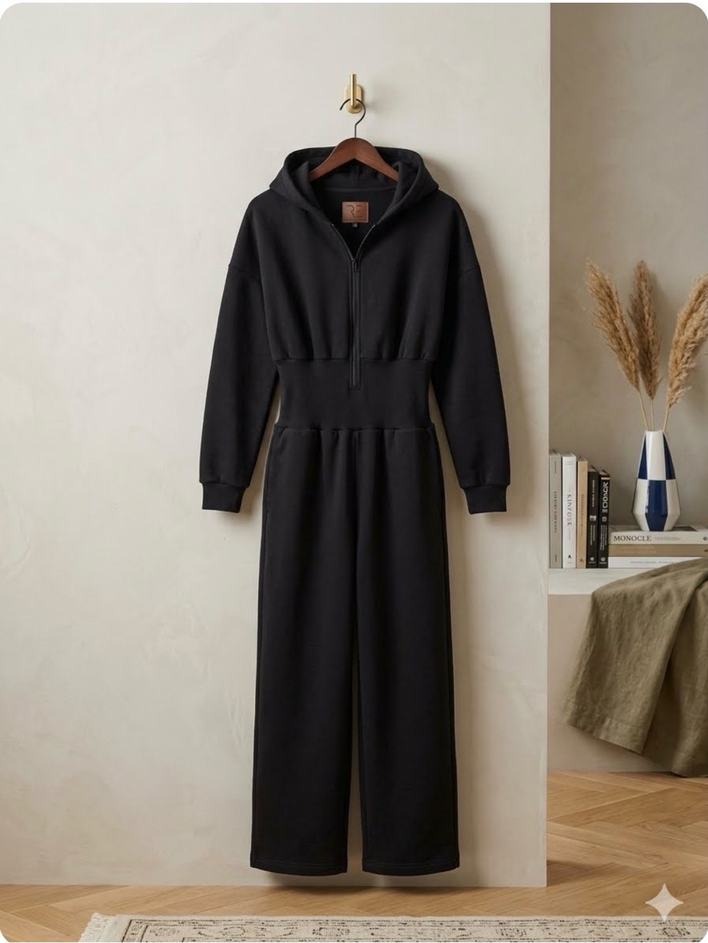 Black Hooded Jumpsuit with Zip Front